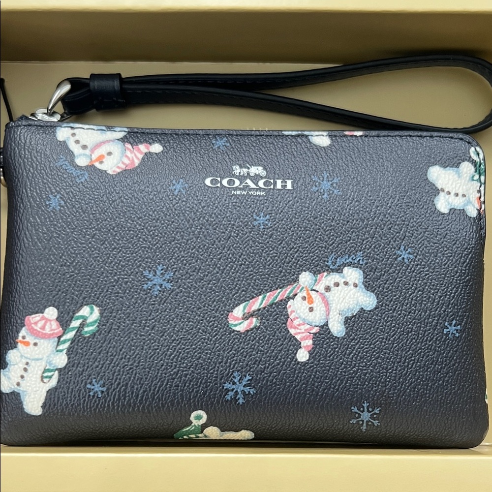 Coach NAVY Wristlet with Festive Snowman Design